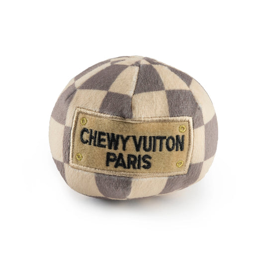 Tan Checker Chewy Vuiton Ball Squeaker Dog Toy